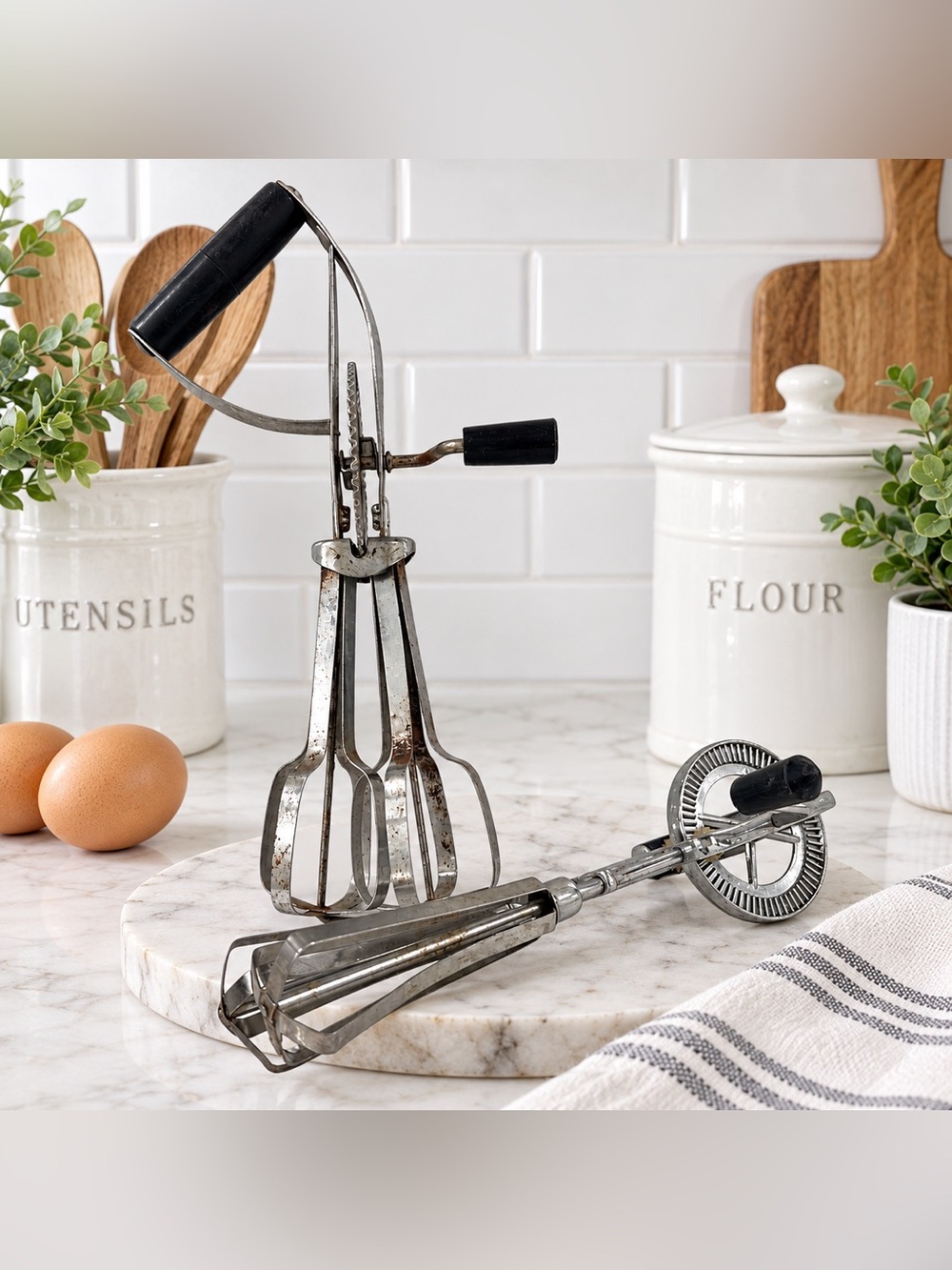 2 Vintage Hand Crank Egg Beaters Rotary Mixers Black Handles Farmhouse Decor